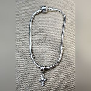 Authentic Pandora Bracelet with Authentic Cross Charm Size 7 3/4